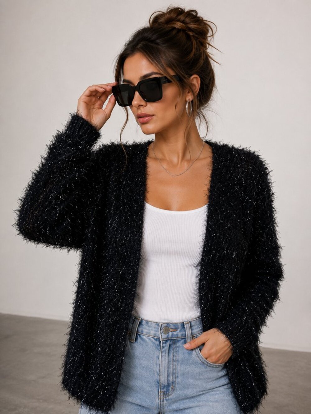 Black Luxe Fluffy Metallic Open Front Cardigan Sweater NWT